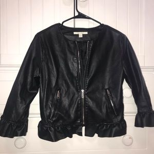 black cropped ruffle faux leather jacket